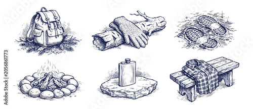 Foto Camping hiking elements sketch icon set with backpack campfire hip flask boots f