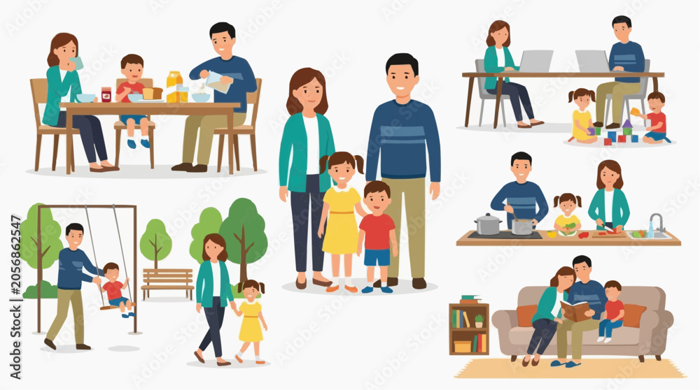 Fototapeta premium A collection of illustrations depicting various family activities, showcasing togetherness and daily life isolated on white background