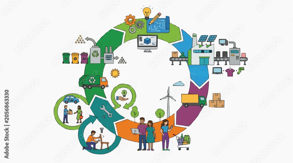 Fototapeta premium Circular economy illustration showing recycling, manufacturing, and consumption processes in a sustainable loop. isolated on white background