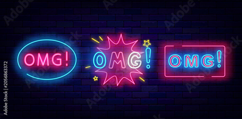 Oh my gosh neon emblems collection. Frame with omg text. Glowing sign. Speech bubbles frame. Marketing promotion. Shiny sale banner. Vector stock illustration