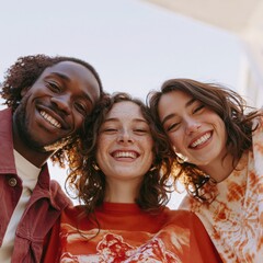 Three young friends laughing together closeup portrait with warm light for social media banner and friendship background