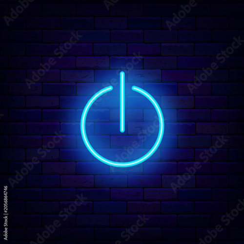 Power button. Enabling sign. Music and video player. Neon symbol for mobile app. Streaming service. Editing text. Vector stock illustration