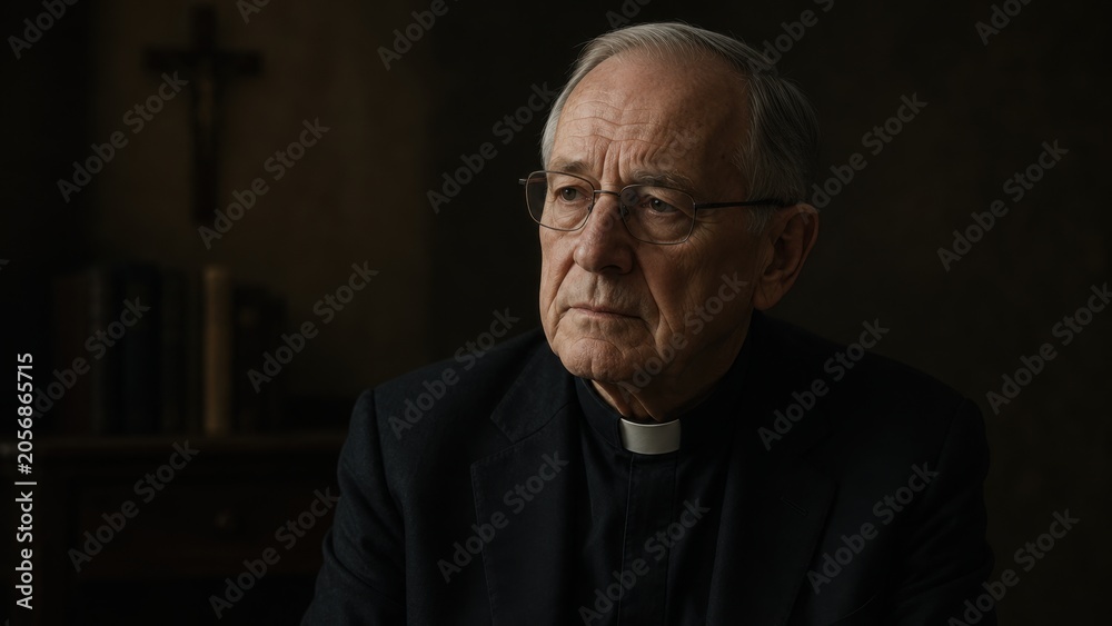 Obraz premium Elderly priest wearing clerical collar sitting in dark chapel