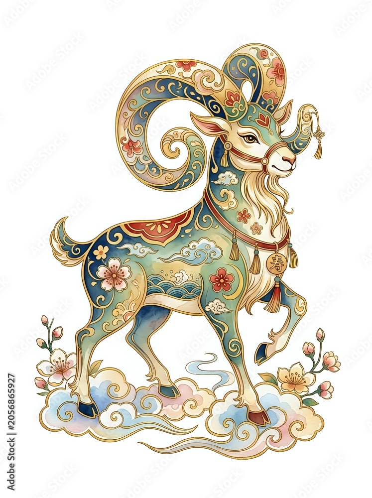 Fototapeta premium Ornate decorative goat with intricate floral patterns, gold accents, and traditional folk art design isolated on white background for clipart and design use.