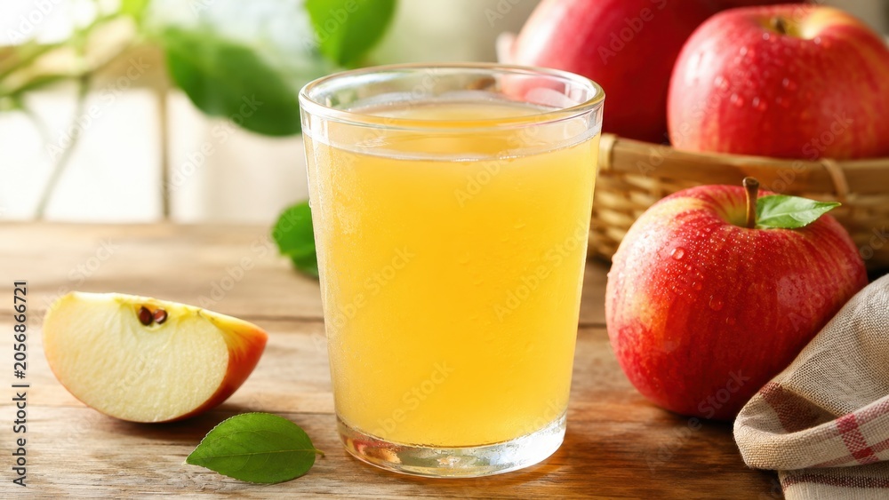 Fototapeta premium Glass of apple juice sitting on wooden kitchen table