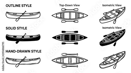 Various canoe designs displayed in outline, solid, and hand-drawn styles with multiple views
