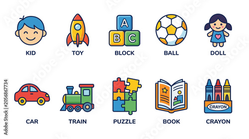 Tableau sur toile Colorful cartoon icons of toys and children activities.
