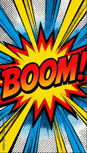 Vector Pop art with the inscription BOOM! in red, yellow, blue. Black dots and dense black contours with an exploding center.
