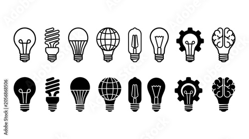 Creative light bulb icons in linear and silhouette styles