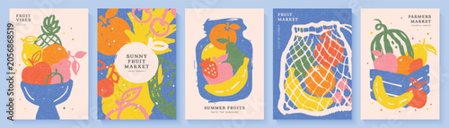 Set of fruit market posters in artistic flat style with grainy texture. Collection features hand drawn fruits in bowl, jar, mesh bag and crate. Templates for healthy food promotion, vector