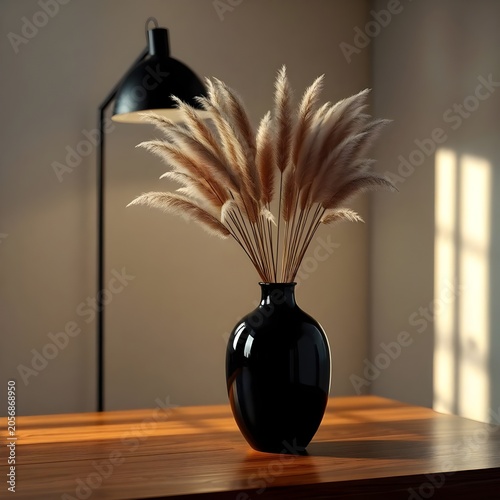A dramatic contemporary interior display featuring a glossy black vase overflowing with pampas grass beside a black floor lamp. Warm sunlight streaming through a window highlights the textures of the 