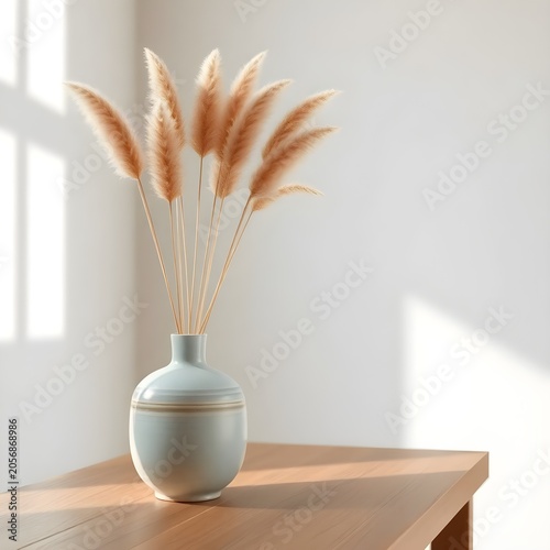A bright minimalist still-life featuring a white vase filled with fluffy pampas grass illuminated by natural sunlight. Window shadows cast across the wall add depth and warmth, enhancing the simple ye
