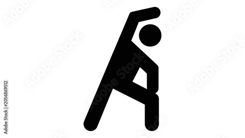 A minimalist black silhouette icon depicting a person in a side stretching pose, suitable for fitness apps, gym signage,