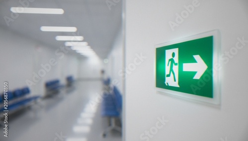 Фотография An emergency exit sign mounted on a white wall in a modern, blurred hospital hallway with rows of empty blue seating