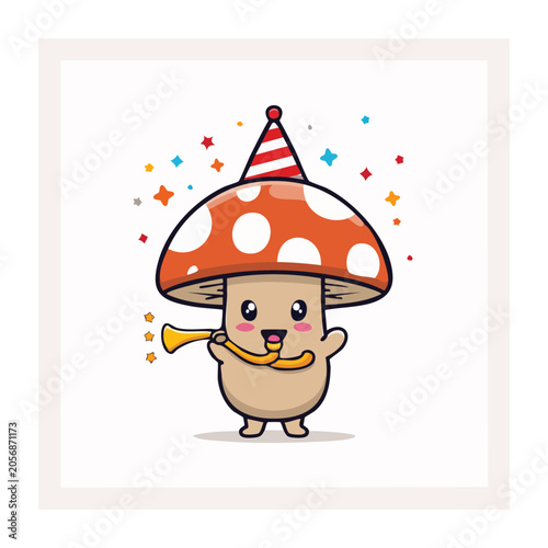 Cartoon pig wearing party hat with confetti