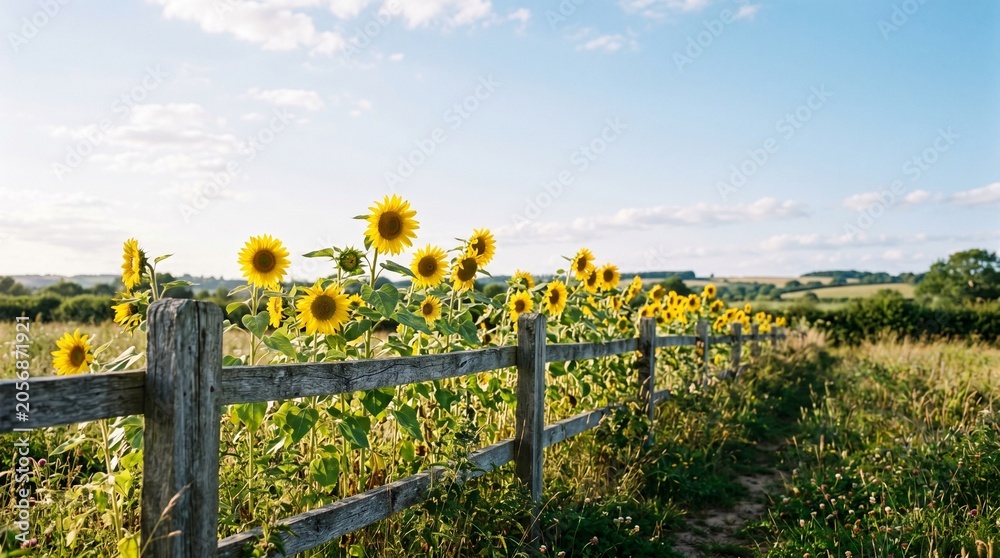 Fototapeta premium Sunflowers growing along a rustic wooden fence in a summer field