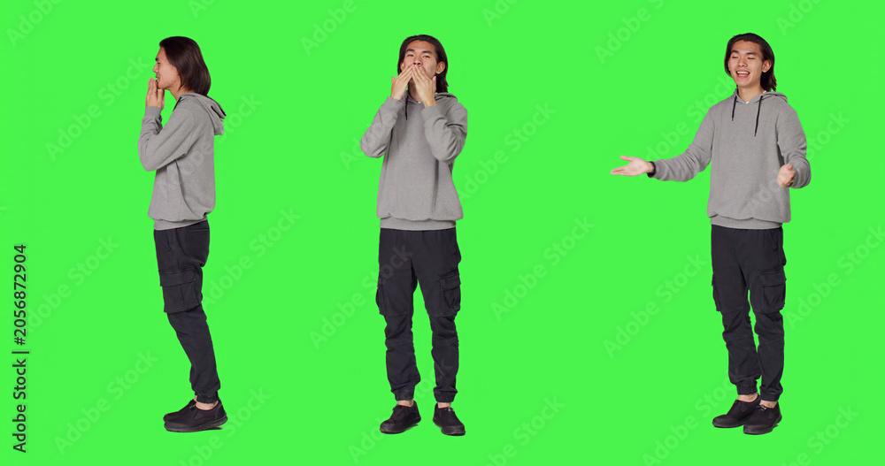 Obraz premium Man sending air kisses on camera, acting flirty and cute standing against green screen background, with young adult feeling confident and romantic showing true sweet emotions.