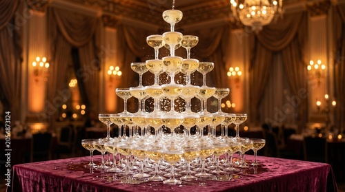 Elegant Champagne Tower Pyramid in a Luxury Ballroom with Golden Warm Lighting and Chandeliers, Perfect for Wedding Gala Celebration, High-End Success Events, and New Year Toast