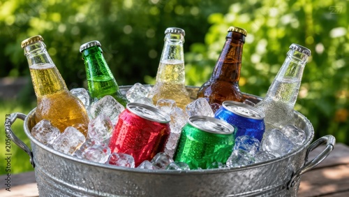 Assorted beer bottles and cans chilling in metal ice bucket