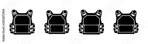 Bild auf Leinwand Set of four black tactical vests in a row, isolated on a white background