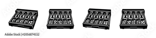 Foto Vintage cash register drawers filled with coins and currency compartments