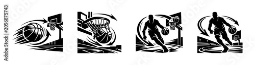Fotografie Dynamic basketball illustrations showing action, scoring, and dribbling on court