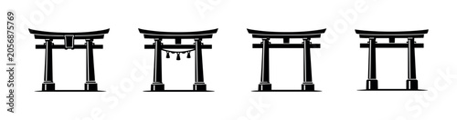 Vászonkép Collection of traditional Japanese Torii gate silhouettes for religious sites