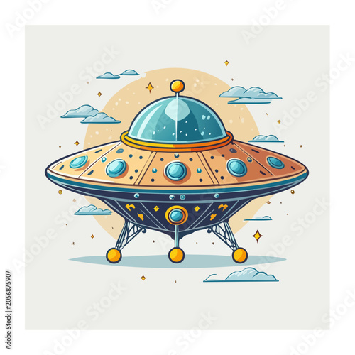 Cartoon flying saucer with aliens and planet