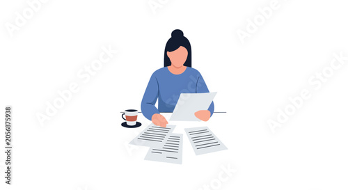 Фотография An illustration of a woman working at her desk, carefully reading through various papers and documents with a cup of coffee by her side