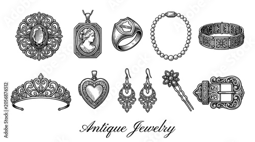 Set of Vintage Antique Jewelry Illustrations in Engraving Style Featuring Rings, Necklaces, Tiara, Earrings, and Decorative Ornaments