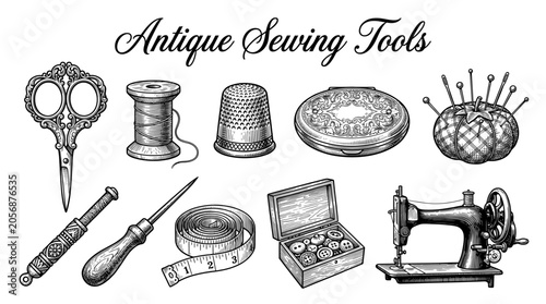 Antique Sewing Tools Collection, Vintage Engraving Style Vector Illustration featuring Sewing Machine, Ornate Scissors, Thimble, Spool of Thread, Pincushion, Tape Measure, and Button Box
