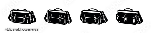 Photos Row of black satchel bags with buckles and shoulder straps on a white background