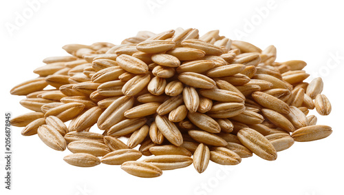 Photos Isolated pile of raw oat groats without husk for healthy breakfast and cereal