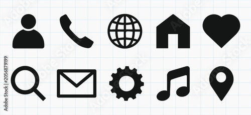 Photos Vector icons: user, phone, globe, home, heart, search, mail, gear, music, location