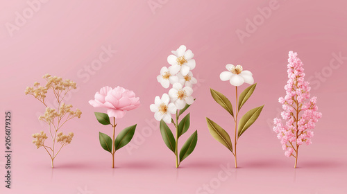 Set of elegant field and garden flowers including pink peony and white jasmine on minimalist uniform pastel pink background