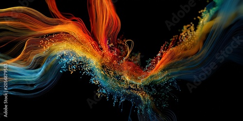 Abstract Digital Flow of Glowing Orange and Blue Particles