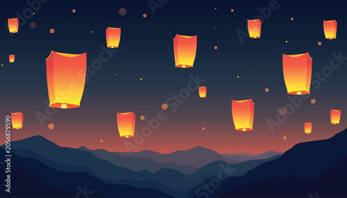 Bloom Warm Sunrise Hot Air Balloon Sky Flat Illustration
