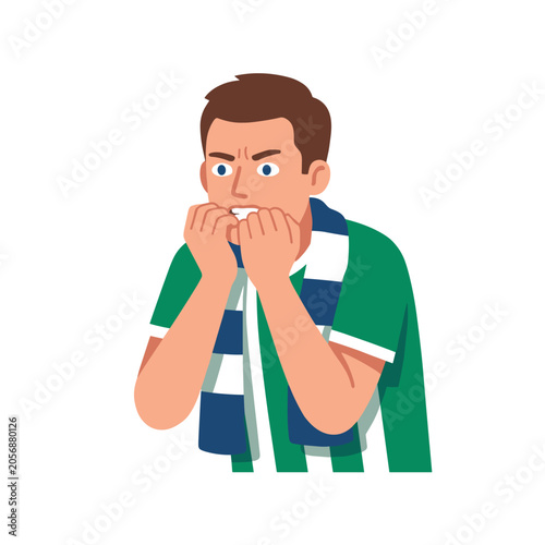 Photos Nervous Fan Chewing Fingernails: A male sports fan, dressed in team colors, anxiously chews on his fingernails, expressing worry and suspense during a game