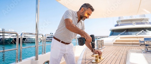 Smiling boat owner repairing a brass deck cleat with a power tool on his yacht.