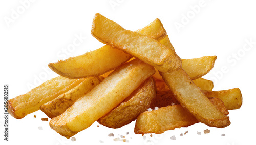 Isolated stack of seasoned golden crispy thick cut french fries, savory deep-fried potato snack.