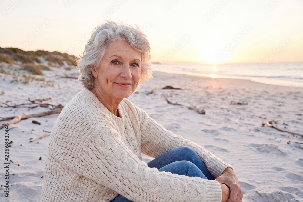 Fototapeta premium A smiling adult woman wearing a casual sweater, relaxing on a beautiful beach during the golden hour.