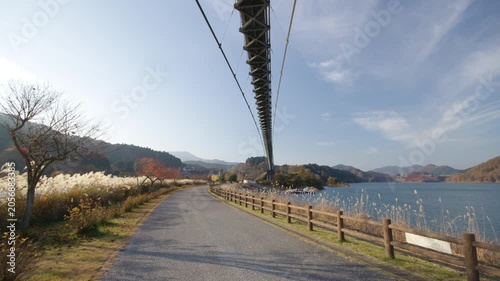 秋の宮ヶ瀬湖畔園地 紅葉 水の郷大吊り橋 Autumn foliage at Miyagase Lakeside Park, Mizunosato Suspension Bridge