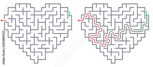 Heart-shaped maze with entry and exit paths illustrated  