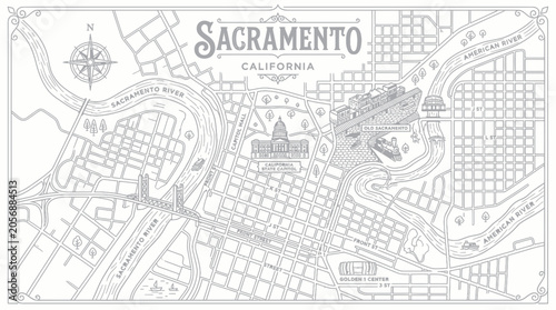Sacramento California City Map Illustration - Vintage Style Line Art