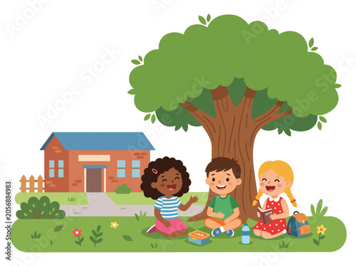 Canvastavla School children sitting together under a tree after class, sharing ideas, streng