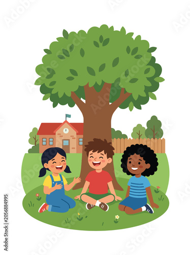 Fotografija School children sitting together under a tree after class, sharing ideas, streng