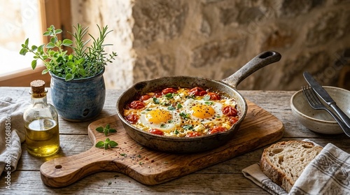 Eggs pan baked eggs baked in a small cast iron pan with tomato feta oregano bubbling close straight-on eye-level profile hero shot showing the full height of