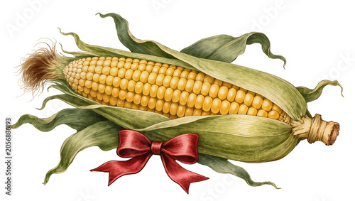 Obraz na płótnie Isolated ear of sweet corn with husk and silk tied with a festive red bow, fresh