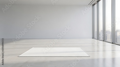 A minimalist, empty room with a single white rug placed in the center, featuring large windows with city views.