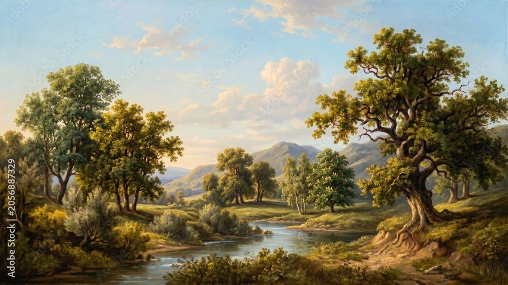 Fototapeta premium Classic summer landscape oil painting featuring a peaceful river, old oak trees, and distant mountains under a bright blue sky.